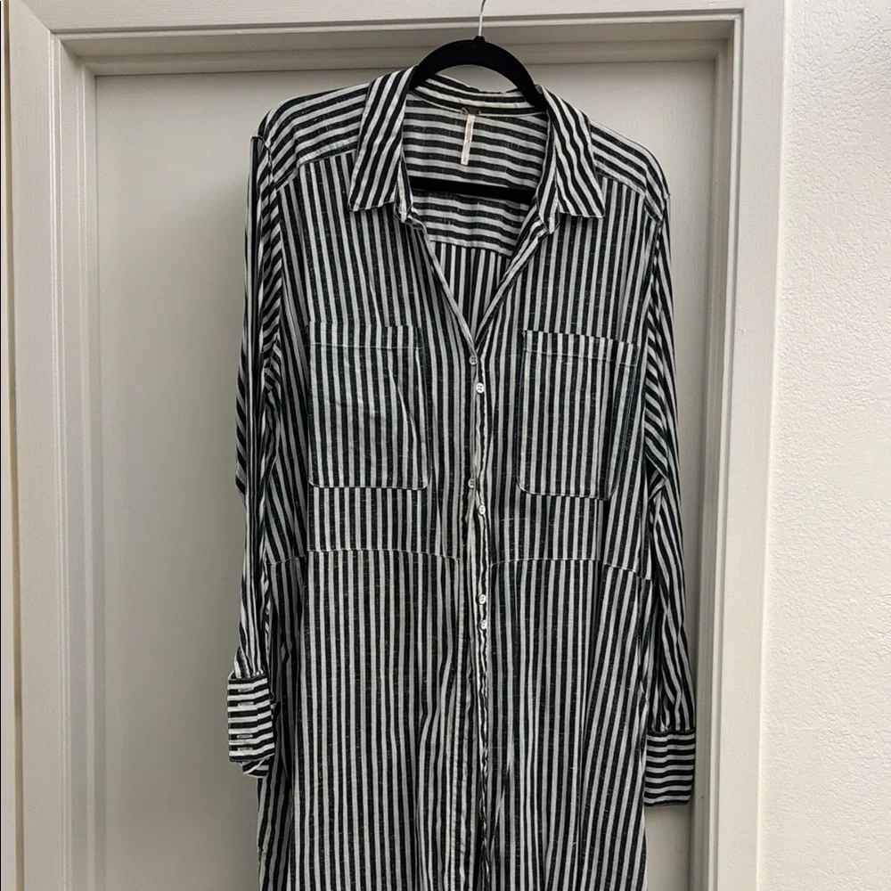 Striped Button-Front Shirt Dress in Black and White